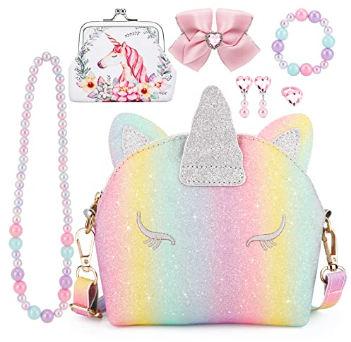 JYPS Einhorn Geldbörse für kleine Mädchen, 7Pcs niedliche Kinder Geldbörse Crossbody Taschen mit Kinder Dress Up Schmuck Set Pretend Play Zubehör, Geburtstagsgeschenke Einhorn Geschenke Spielzeug