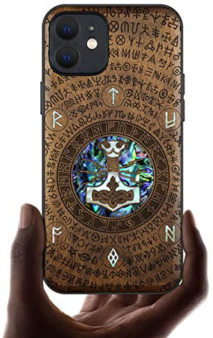 Carveit Coque magnétique pour iPhone 12 Étui [Gravure en bois et incrustation de coquille] Œuvre d'art unique Luxe Etui compatible avec 12 Magsafe Artistique Coque (Noyer-Thors Hammer)