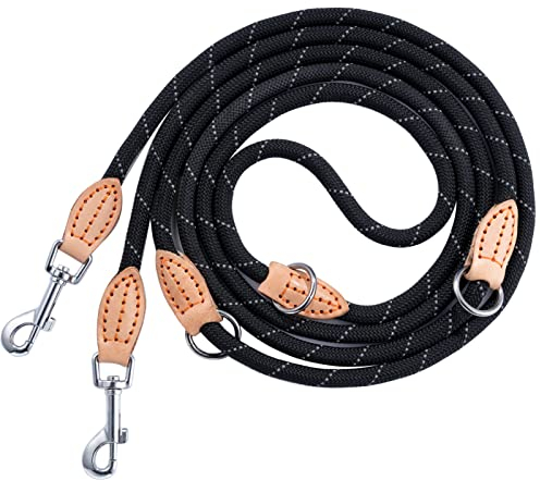 Hundeleine 3m Doppelleine Reflektierend, Premium Hunde Leine 3fach Verstellbar Umhängeleine aus Nylon, Führleine Hund Rund und Bissfest mit 2 Karabiner, Dog Leash Schwarz 14mm