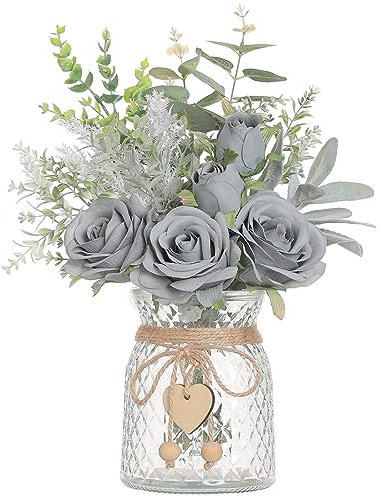 Faux Flowers with Vase,Artificial Silk Roses in Vase, Fake Plant Eucalyptus Flower Arrangement for Home Office Farmhouse Bathroom Dining Table Centerpiece Decorations Coffee Table Decor (Grey Blue)
