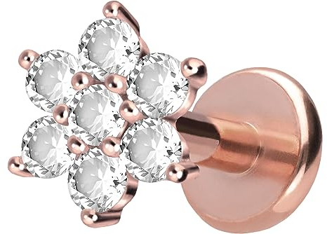 PIERCINGLINE Titan Labret mit Push Fit KRISTALLBLUME Piercing Ohr Helix Tragus Conch Roségoldfarben 1x10 mm