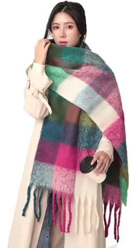 Wambere Damen Schal, Kariert übergroßer Winter SchaltuchKaro Schultertuch Plaid Deckenschal Modeschal Weich Warm Strickschal Oversized Herbstschal Warme Winter Stola mehrfarbig,Blau Rot