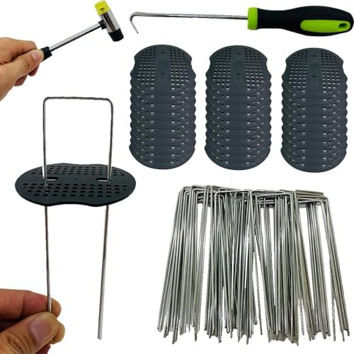 Fycooler Erdanker für Unkrautvlies,Erdnägel aus Stahl im Set zur Befestigung von Unkrautflies für Garten,Kunstrasen, Zaun-50 Erdanker & 50 Pufferscheibe,150X40mm-Ø2,5mm mit Hakenöffner & Hammer