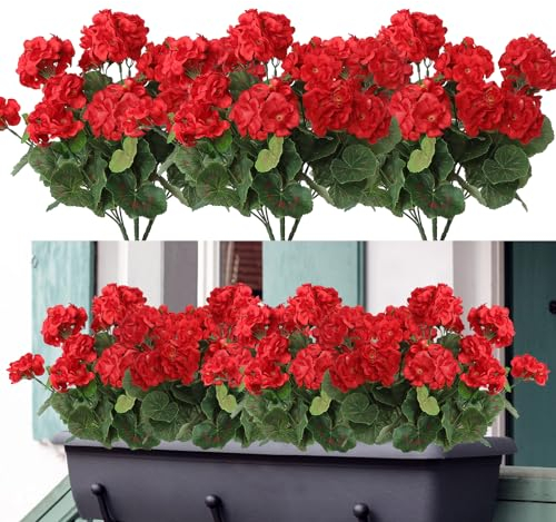 Dremisland 3 Pack Artificial Geranium Flowers for Outdoors Red Geranium Silk Flowers Outdoor UV Resistant Garden Plants Bush Faux Flowers for Home Wedding Kitchen Table Centerpieces Decor(Red, 3Pack)