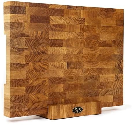 B4K 43х33x4,3cm mit Ständer Hackblock aus Eiche Stirnholz | Hirnholzbrett mit Griffen und Silikonfüßen | Antibakterielles Hirnholzbrett | Stirnholzbrett | Küchenbrett | Schneidebrett