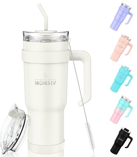 MOMSIV 40oz Thermobecher mit Stroh und Griff, 1100ml Kaffeebecher, Doppelwandiger Edelstahl Vakuum Auslaufsicher Isolierbecher Autobecher mit Deckel für Kalte Heiße Getränke, Beige