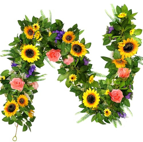 QuarenDen Sunflower Garland, Faux Flower Garland, Sunflower Decor for Wedding, Hanging Vines for Anniversary Wedding Birthday Christmas Wall Arch Decor