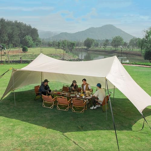 Walkervo Campingplane 9x5m Tarp Wasserdicht Ultraleicht Mit 4 Stangen Camping Zelt-tarp Anti-UV Tragbar Sonnensegel Abdeckplane Für Hängematte Regenschutz Sonnenschutz,Beige