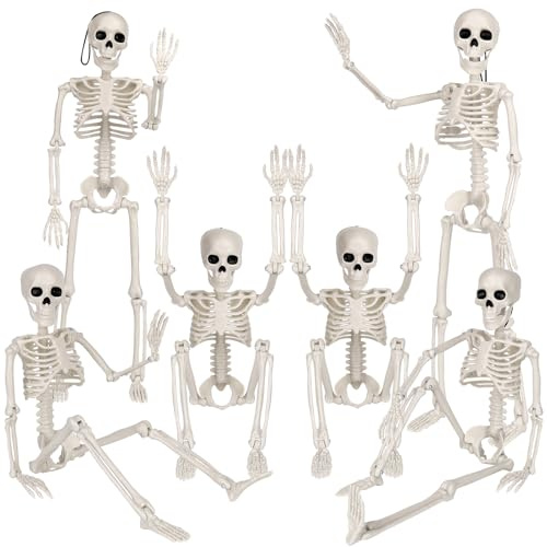 DTYDECLE 6PCS Halloween Posable Skeletons, 40cm 16’’ Plastic Full Body Movable Joints Halloween Hanging Skeleton Decoration for halloween Haunted House Party Props Indoor Decorations