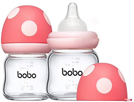 YOHKOH Weithals-Babyflasche aus Glas, Anti-Colic Glas-Babyflaschensets mit Ultra Soft Silikon-Sauger, für Neugeborene Babys ab 1 Monat (Rot, 100ml (2er Pack))