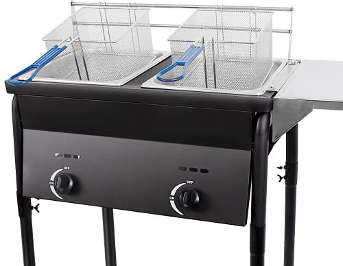 Foodizio Friteuse noire en fonte | Friteuse d'extérieur au propane à deux réservoirs avec 2 paniers et couvercles en acier inoxydable | Friteuse à gaz à température réglable avec boutons de réglage |
