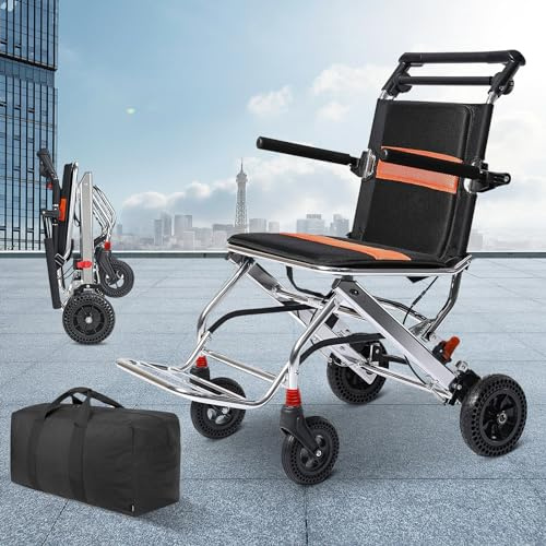 Ultraleichter, faltbarer Rollstuhl mit Handbremse – tragbarer Reiserollstuhl aus Aluminiumlegierung für Erwachsene und (mit Tasche)