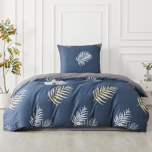 SAPHREAS Bettwäsche 135x200 Blau Bettwäsche Sets Baumwolle Blätter Pflanzen Botanisch Bettwäsche 2teilig Kuschelige 1 Dunkelblau Bettbezug 135x200 cm mit Reißverschluss + 1 Kissenbezüge 80x80 cm