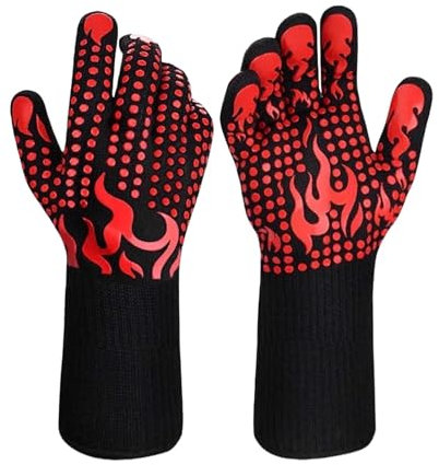 BBQ Gloves, Silicone Non-Slip Oven Gloves with Fingers, 1472℉/800°C Heat Resistant Gloves Fireproof Gloves for Barbecue, Cooking, Baking, Cutting(red black)