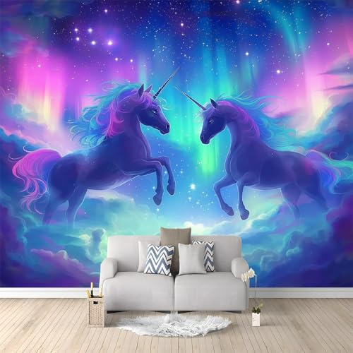 Fototapete 300 x 210 cm 3D Vliestapete Wandbild, Fantasie-Einhorn Aurora Mustertapete Wandtapete, Wohnzimmer Schlafzimmer Tapete Mädchenzimmer Spielzimmer Kindertapete Wanddeko, Blau Lila