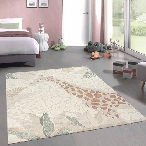 CARPETIA Kinderteppich Giraffenmotiv Creme Beige Grün 160x230 cm | Weich, pflegeleicht, strapazierfähig und hautsympathisch, OEKO-TEX geprüft, für Fußbodenheizung, Kinder- & Babyzimmer
