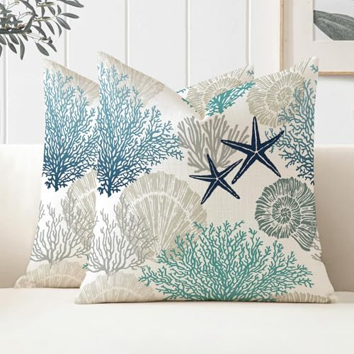 Miuyunya Juego de 2 Funda de Cojines Océano Impermeables Cojines de Sofá Funda de Almohada Decorativo 30 x 50 Estrella de Mar Coral Verano Cojines Decorativos para Exterior Sofá Cama Coche Hogar