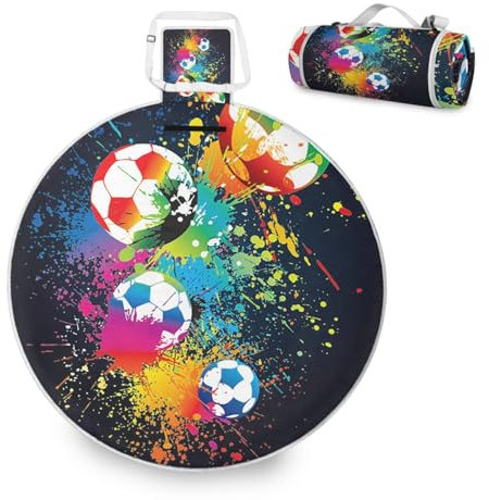 Mnsruu Große Picknickdecke, bunte Fußbälle, Fußball, wasserdicht, rund, Picknickmatte, tragbarer Teppich, Outdoor, für Strand, Camping, Park, Reisen, 148 cm