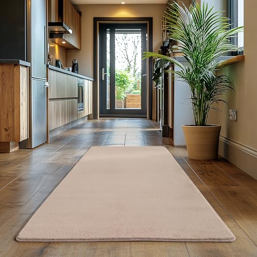 SIMPEX Läufer Teppich Beige 80x150 cm Waschbarer Kurzflor Teppich, rutschfest & weich, modernes einfarbiges Design für Schlafzimmer, Küche & Flur