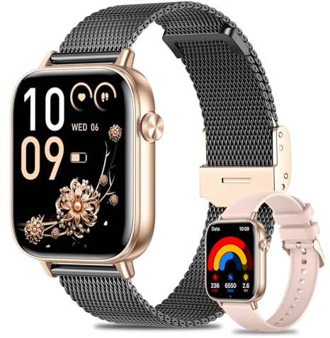 Montre Connectée Femme avec Appel Bluetooth, Smartwatch 1.83 HD avec 2 Bracelets, 100+ Modes Sport, Sommeil/Fréquence Cardiaque/SpO2, IP68 Podomètre Montre Intelligente pour Android iOS, Or Noir