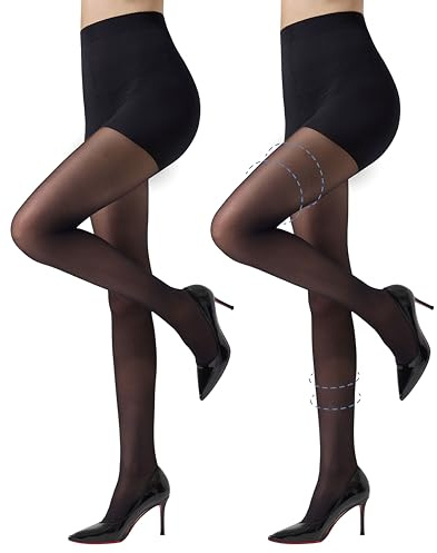 MANZI 2 Pairs Compression Tights 30D Sheer Shapewear Pantyhose Firm Support Tights for Women Black M