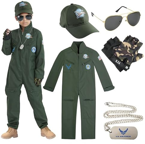 Udekit Costume de Pilote pour Enfants, Costume de Pilote d'avion de Combat de Chasse avec Casquette, Lunettes, Gants, Pendentif pour fête de Carnaval d'Halloween pour Enfants de 8 à 10 ans
