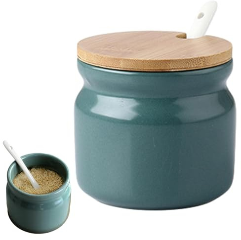 Zuckerdose mit Löffel,300ml Keramik Salztopf mit Deckel und Löffel,zuckerschalen Gewürzgläser Gewürzbehälter für Küche,Haus,Kaffee Bar,Zuckerpott,Modern Zuckerbehälter,sugar container(Dunkelgrün)