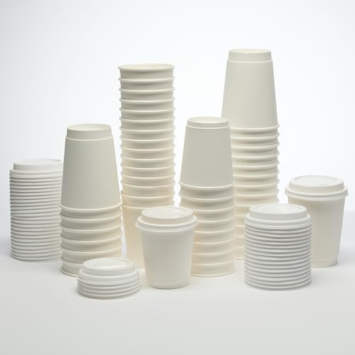 London Coffee Cups Double-wall Disposable Coffee Cups with Lids. 8-12oz, White, for hot Coffee and Other Drinks, take Away Coffee Cups (100, 12oz)