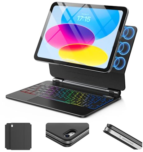 SZO Magnetische iPad Hülle mit Tastatur und Trackpad für iPad 10. Generation & A16 11. Generation 2025 (10.9/11 Zoll) Bluetooth freitragender Ständer 7-Farben Beleuchtung LED Display Schwarz