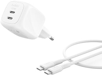 Belkin SmartProtect Chargeur à 2 Ports USB-C 50 W, Chargeur GaN 2 Ports, Câble 1 M Inclus, Recharge Rapide pour MacBook, iPhone 17, iPad Pro, Chromebook, Galaxy S25 Ultra, Pixel 10, Blanc