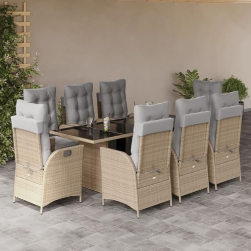 QJBSAVVA 9-TLG Gartenmöbel Set Poly Rattan Dining Lounge Essgruppe inklusive Glastisch 190x80 cm Beige mit verstellbaren Stühlen und abnehmbaren Kissen für Balkon Terrasse Outdoor