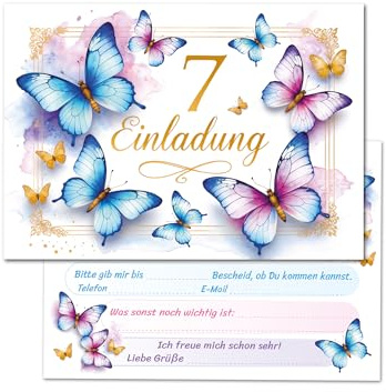 JuNa-Experten 6 Einladungskarten zum 7. Kindergeburtstag Mädchen Kinder Schmetterling coole Einladungen siebte Geburtstag Mädchengeburtstag Geburtstagseinladungen