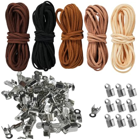 5 pezzi di cordino in pelle, cordini in pelle da 5 m x 3 mm per catene con 100 estremità di cordino, cordino in pelle per catene in 5 colori, cinturino in pelle per bracciale fai da te, collana