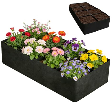 ZMCVOE Aiuola da giardino rialzata in tessuto, 8 griglie rettangolari per coltivare piante, 180 x 90 x 30 cm, contenitore quadrato resistente in feltro, per piantare piante per esterni e interni, nero