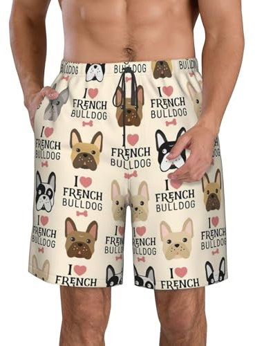 ASFgda Pantalones cortos de secado rápido para hombre, con estampado de bulldog francés, pantalones cortos con cordón y bolsillos y forro de malla, traje de baño de verano, blanco, XXL
