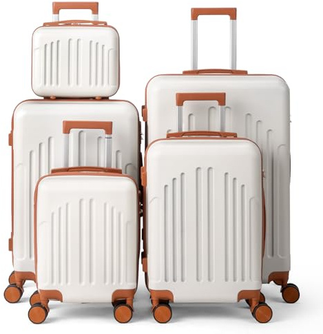 LEADZM Koffer Set 5 teilig Hartschale mit Kosmetikkoffer (Beige-Braun) | Kofferset aus ABS, Reisekoffer mit Rollen Groß, Handgepäck, Hartschalenkoffer Set, Koffer & Trolleys