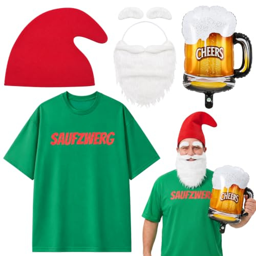 Saier tbo 4 Stück Saufzwerg Kostüm Set, mit Grünes T-Shirt rote Gnom Mütze künstlicher Bart aufblasbare Bierkrug Requisite Karneval Fasching Oktoberfest Kostüm Zubehör für Erwachsene