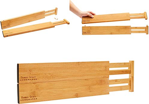 Thomas Grace Homewares Schubladenteiler aus Bambus, stapelbar, tiefer Schubladenteiler, 4 Stück, federbelastet, erweiterbar, verstellbar, Schlafzimmer, Badezimmer, Besteck, Junk-Schublade