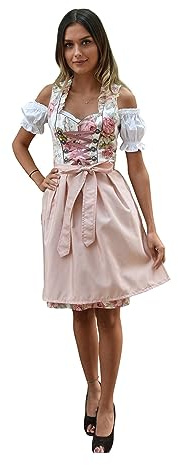 Golden Trachten Dirndl 3 TLG, Damen Midi Trachten-Kleid für Oktoberfest, Rosa Grün geblümt, 514GT (38)