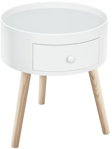 HOMCOM Couchtisch Wohnzimmertisch mit Schublade 38 x 38 x 45 cm, Weiß | Runder Kaffeetisch mit Holzbeinen, Nachttisch mit Tablett, Beistelltisch, Sofatisch, für Wohnzimmer