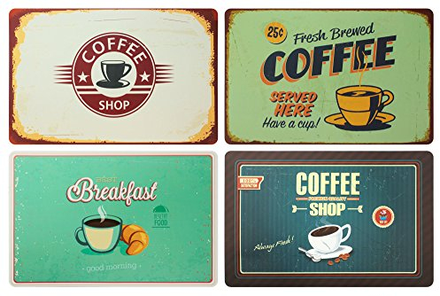 Set di 4 tovagliette da colazione: Look retrò caffè, coffee shop, breakfast, insegna cafè – tovagliette in plastica lavabile 43 x 28 cm