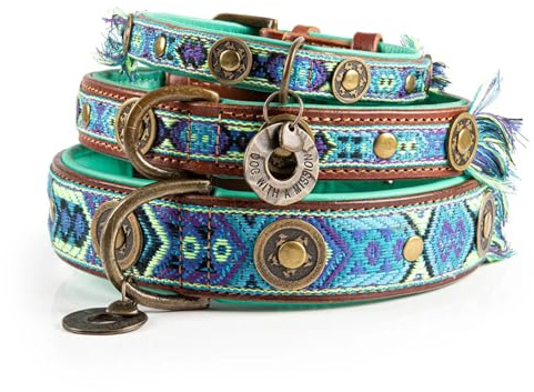 Dog with a Mission - Hundehalsband XXL | Farbenfroh in Blau und Türkis | Boho, Ethno, Ibiza, Hippie | Für extra große Hunde | Handgemacht | Modisch und Bunt | Aus weichem Echtes Leder | 4 cm Breit
