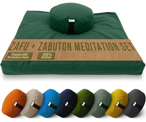 Meditation Cushion Mat Set - ROUND Zafu Floor Pillow Organic Buckwheat Pillow + Cotton Filled Zabuton Prayer Pad - Meditation Pillow Yoga Knee Pad - Made in USA - 14 Round, FOREST GREEN Cotton