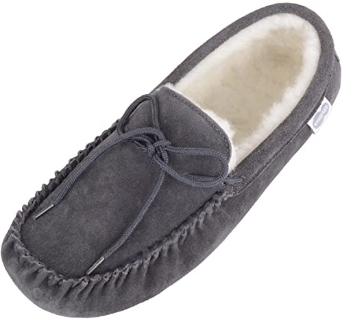SNUGRUGS Men's Suede Sheepskin Moccasin Slippers with Soft Sole (11, Grey)