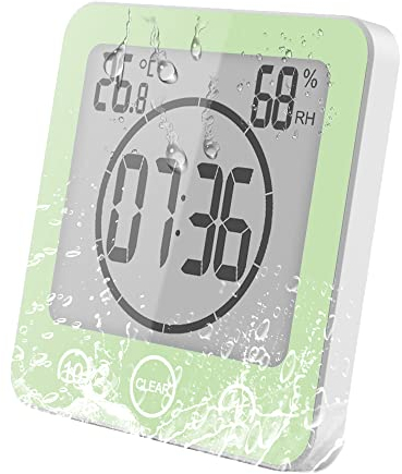 VORRINC Uhr Badezimmer, Bad Uhr Wasserdicht Berührungssteuerung ℃ / ℉ Luftfeuchtigkeit Temperatur LCD Display, Badezimmeruhr mit saugnapf, Countdown Timer, für Dusche Küche (Grün)