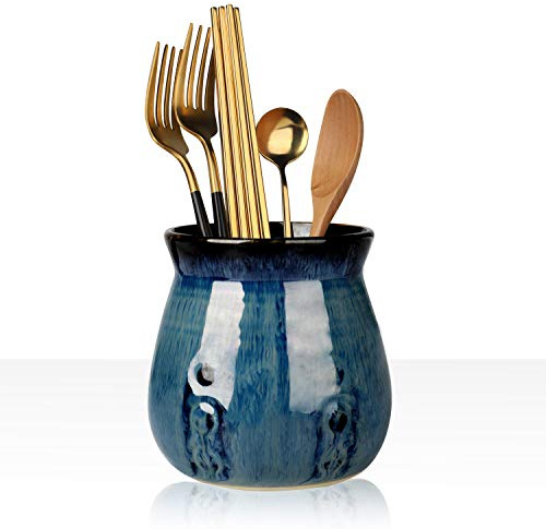 Ceramic Utensil Holder, Small Utensil Crock Ideal for Spoons, Forks and Knives, Easy to Clean 30 oz (Gradient Blue)