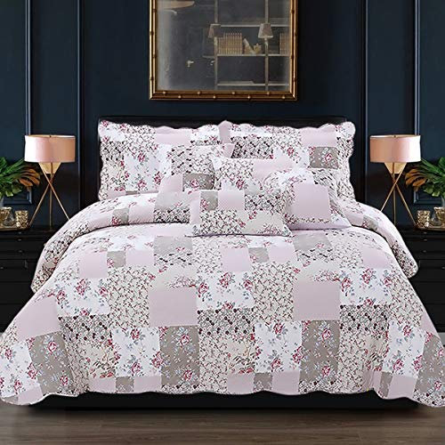 B&B Quilted Bedspreads King Size Bed Patchwork Bedspread 100% Cotton Filling Floral Vintage Design Quilted Throw Set - Warm Quilt Blanket Coverlet With Pillow Case (Zurich)