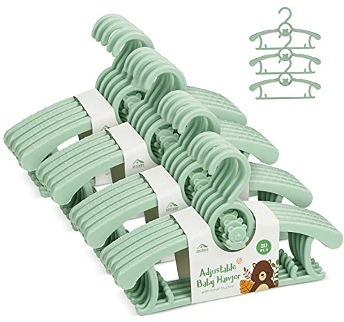Perchas Infantiles, Anstore Juego de 20 Perchas Extensibles para bebés, Perchas de plástico Antideslizantes para Ropa de bebé, Longitud Ajustable de 29-37 cm, Ahorro de Espacio (Verde)