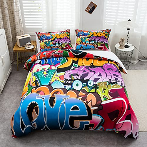 Homemissing Ensemble de literie Style Graffiti Enfants Housse de Couette thème Hip hop pour garçons Adolescents Illustration Jeunesse Housse de Couette Homme Street Culture 200x200cm 3 pièces