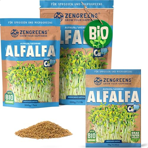 ZenGreens® - Bio Alfalfa Sprossen Samen - Wähle zwischen 10g, 200g und 500g - Alfalfa Samen Keimrate von über 97% - Luzerne Keimsprossen - Ideal zum Sprossen ziehen im Sprossenglas - Microgreens
